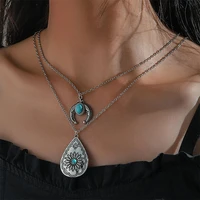 new geometric turquoise water drop carved necklace women personality double pendant jewelry punk moon necklace wholesale
