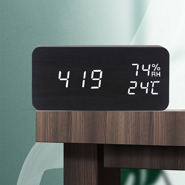 Reloj Despertador de madera con pantalla LED, dispositivo Digital de mesa con Control de voz y temperatura, electrónico, USB/AAA, decoración de escritorio