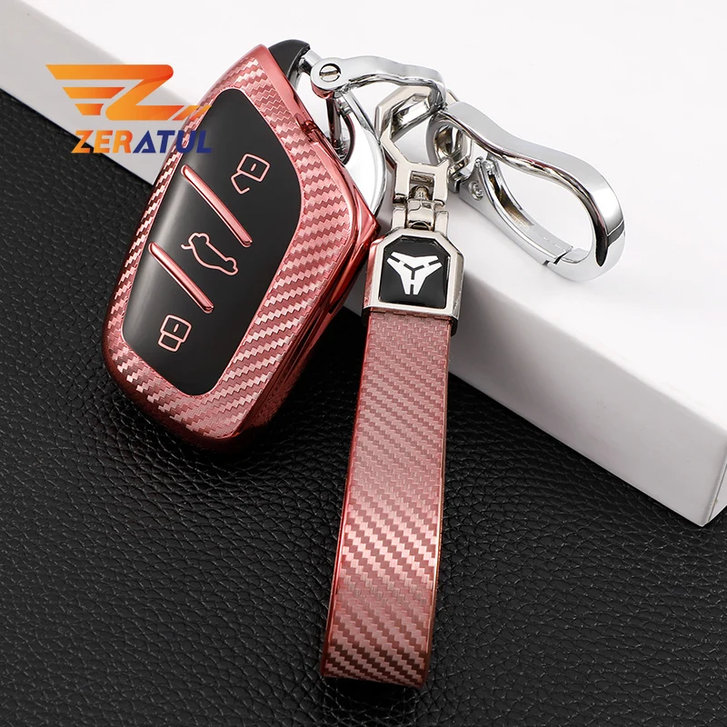 

For Roewe RX5 i5 i6 RX3 RX8 ERX5 for MG ZS EV MG6 EZS HS EHS 2019 2020 TPU Carbon Fiber Car Smart Key Case Cover Bag Keychain