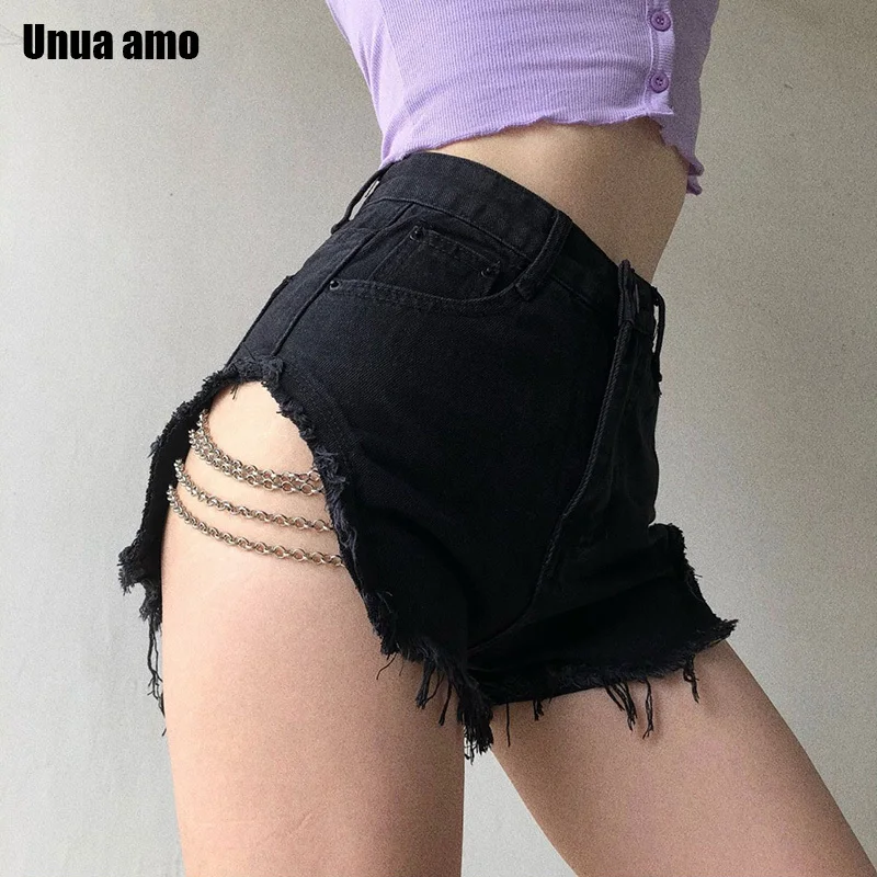

Unua amo Chain Shorts Women High Waist Jeans Short Femme Summer Sexy Hollow Out Ripped Tassel Denim Shorts Streetwear 2023 New