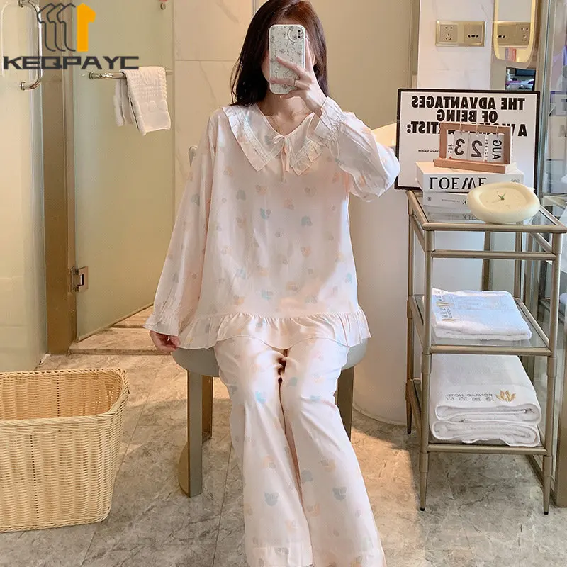 Women's Pajamas New 2023 Spring Autumn Long Sleeve Thin Sleepwear Pyjamas Women Sweet Cartoon Casual Nightwear Clothing Sets