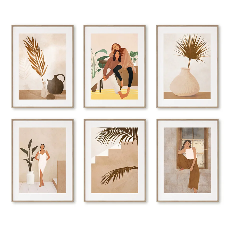 Модная девушка Пальма монстера лист ваза бохо ландшафтные постеры и