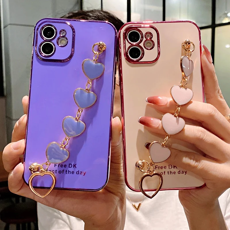 Чехол для телефона с браслетом Love Heart iPhone 13 12 11 Pro Max X XS XR 7 8 Plus SE2022 12mini Мягкое