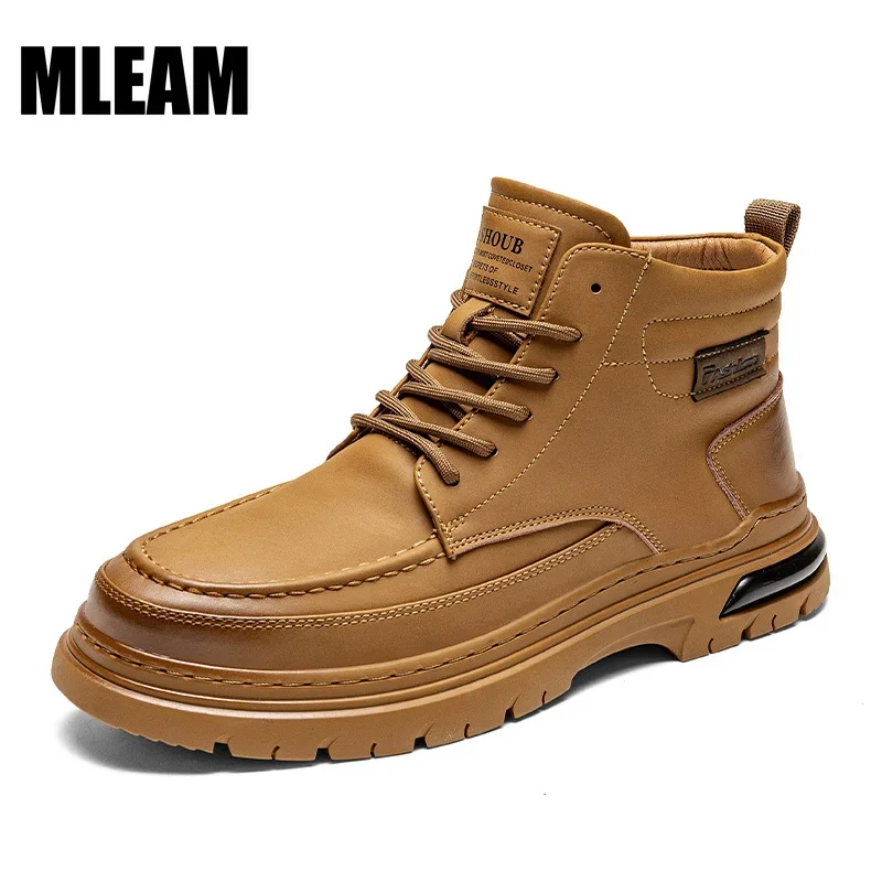 Мужские ботильоны с высоким вырезом однотонные кожаные кроссовки мотоциклетные