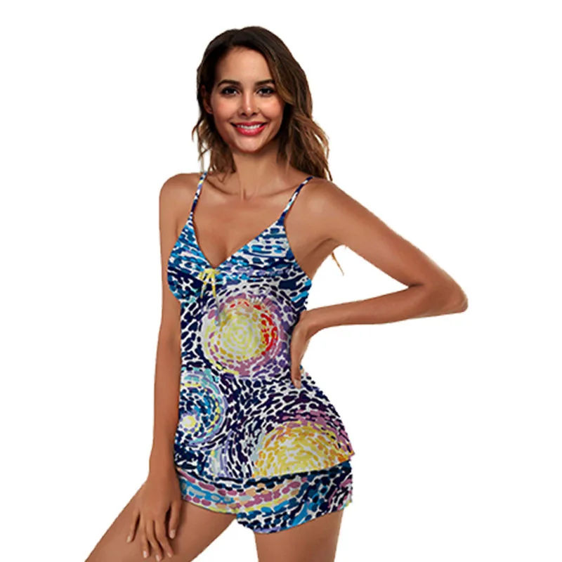 

2022 Summer Thin Satin Print Pajama Set Suspender Shorts Simulated Silk Pajamas Women's Silk Sexy Home Clothing