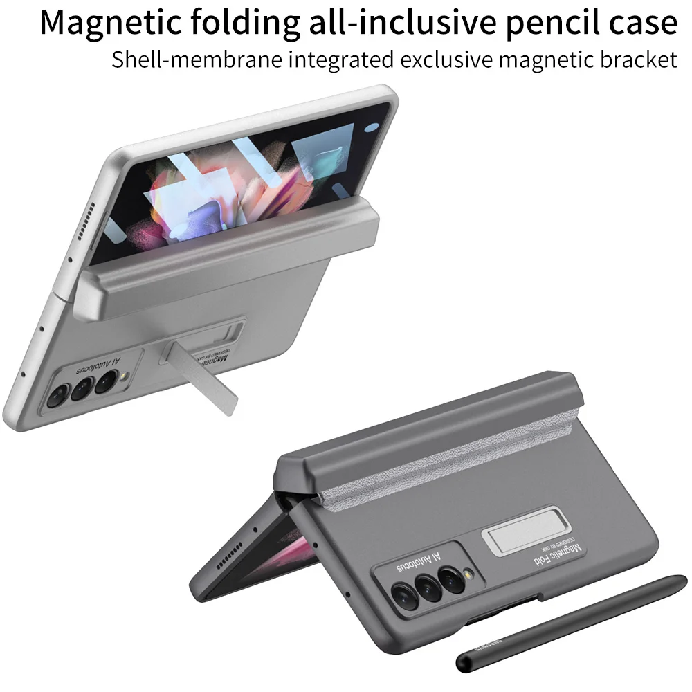 Solid Color PC Hard Case For Samsung Galaxy Z Fold 3 5G Phone Case With Pen Tray Luxury Magnetic Hinge film stand case for fold3