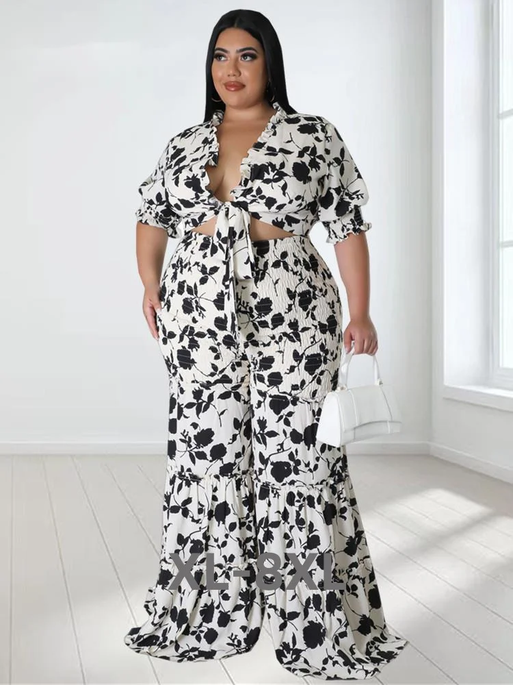 Plus Size Two Piece Sets Women Clothing Shirts Tops and Pants Wide Leg New in Matching Set Wholesale d 3xl 4xl 5xl 6xl