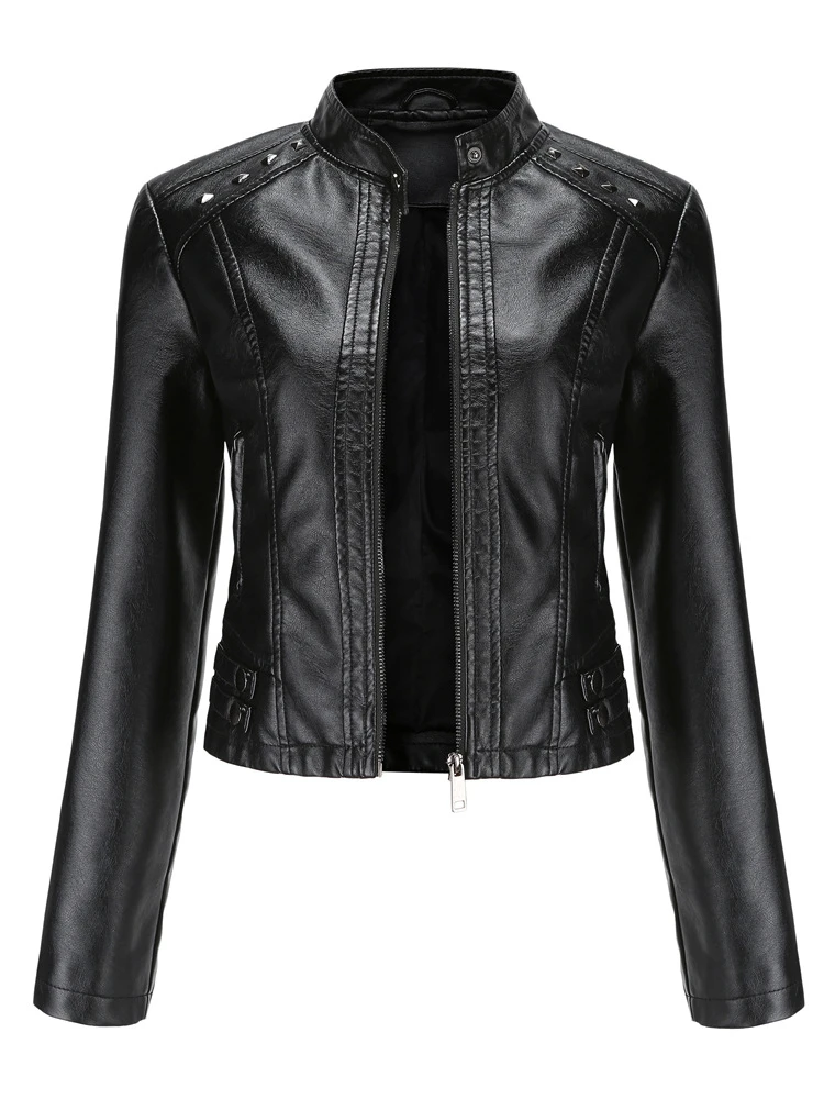 Fashion Stand Collar Long Sleeve Rivet Leather Jacket Women 2022 Autumn New Casual Zipper Short Jackets High Street PU Thin Coat