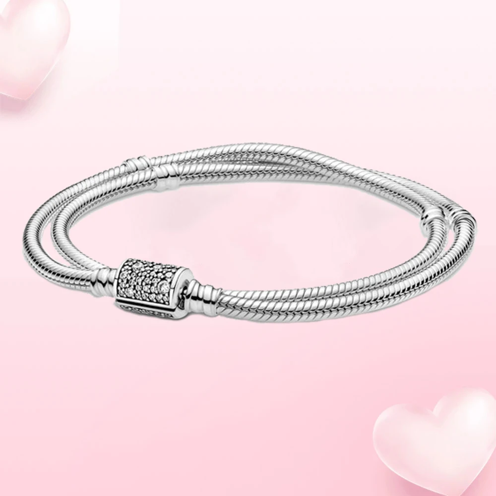 

2021 New Double Circle Snake Bone Bracelet Sterling Silver Pandora 925 Original Charm DIY Handmade Beaded Women's Jewelry