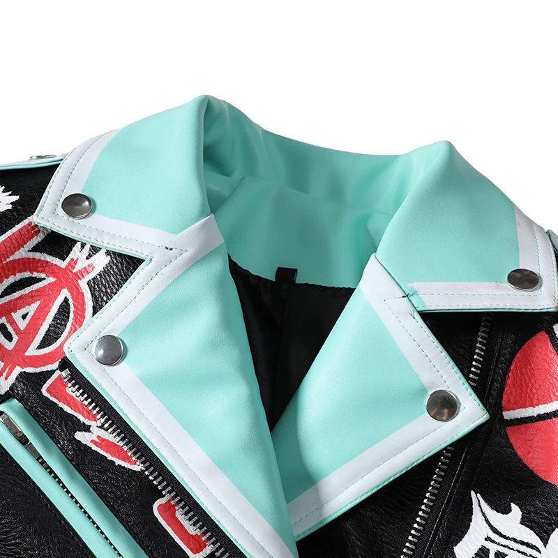 Cropped Motorcycle Leather Jackets for Women 2023 Trend Streetwear Contrast Color Graffiti Print Faux Leather Biker Jacket