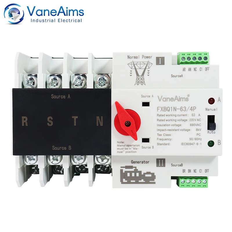 

ATS Automatic Transfer Switch 4P Din Rail Dual Power Supply Selector Switches Uninterrupted Power Generator 63A 100A VaneAims