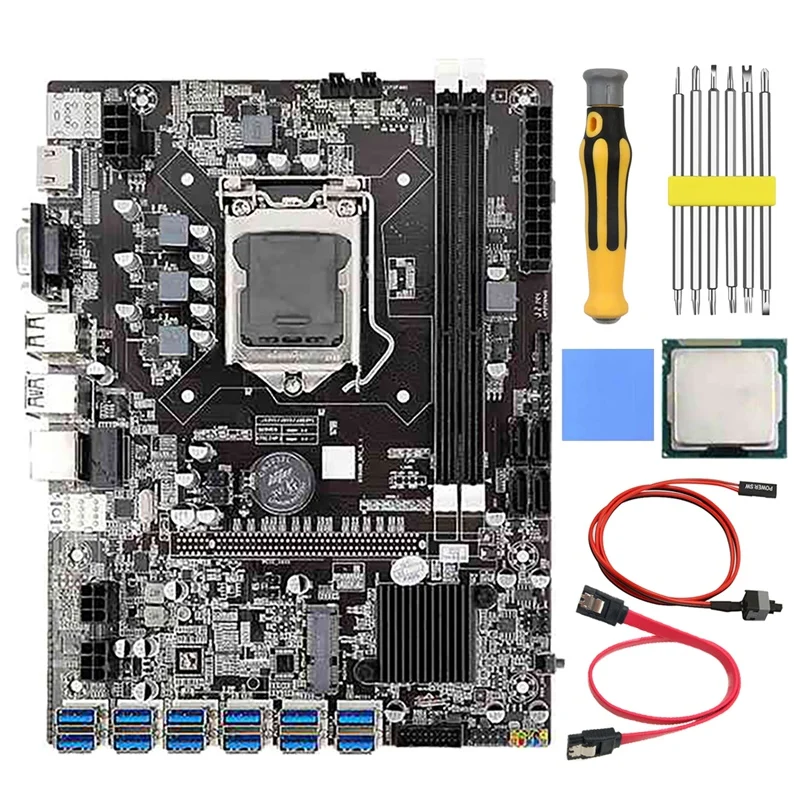 

B75 BTC Mining Motherboard with G530/G630 CPU+Thermal Pad+Screwdriver+Switch Cable 12 USB3.0 Slot LGA1155 DDR3 RAM SATA3