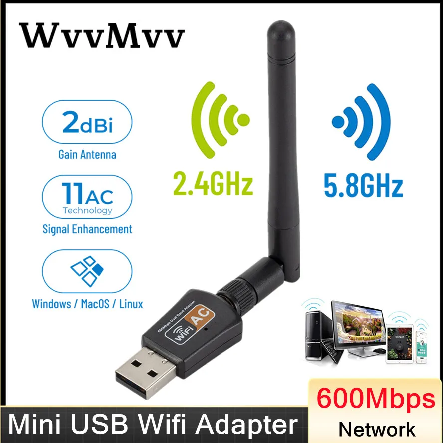 Adaptador wifi usb de 600mbps, 5,8 ghz + 2,4 ghz, receptor usb...