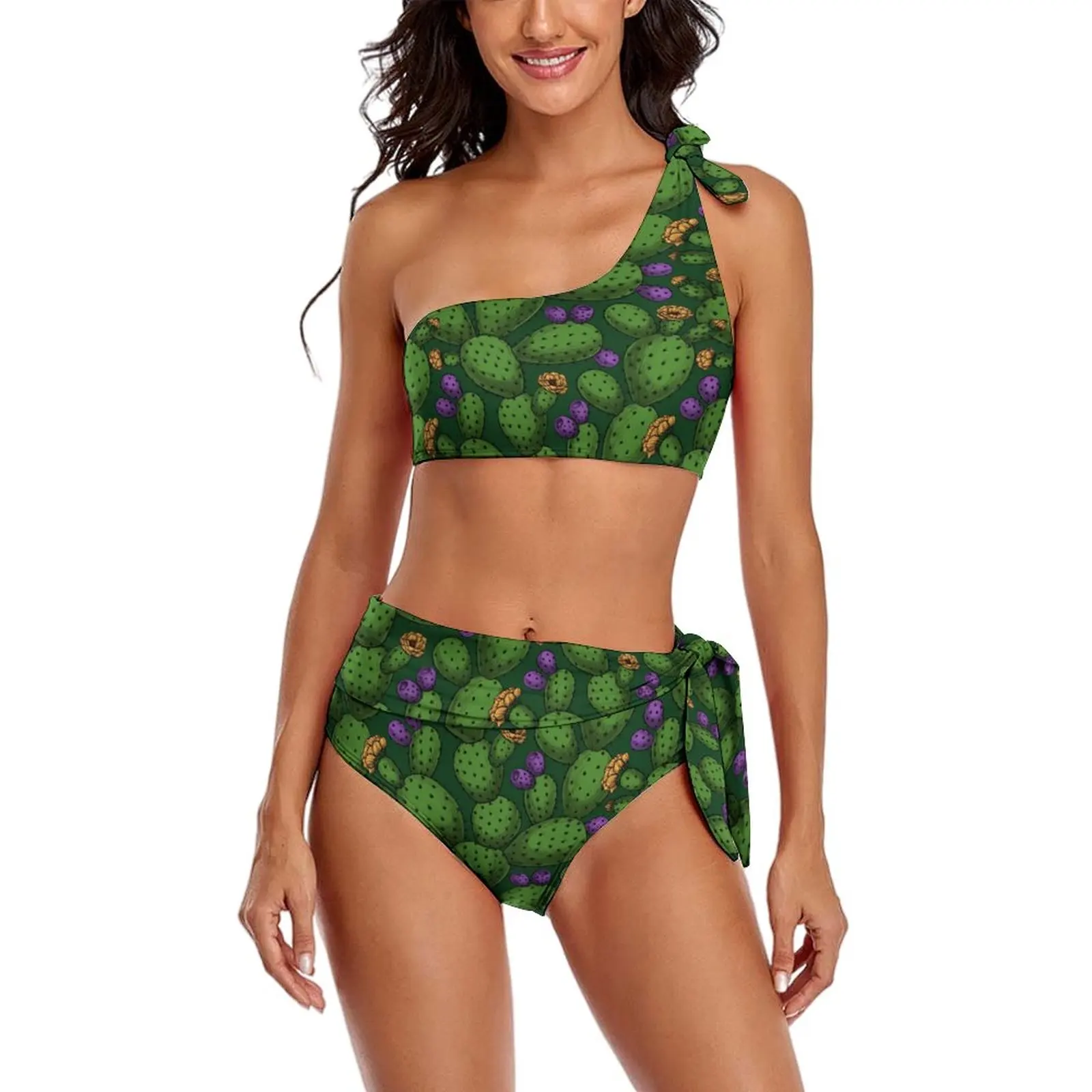 

Cactus Print Bikinis Set Flowering Opuntia Bikini Swimsuit Sexy One Shoulder Classic Swimwear Beach Two Piece Set Bathing Suit