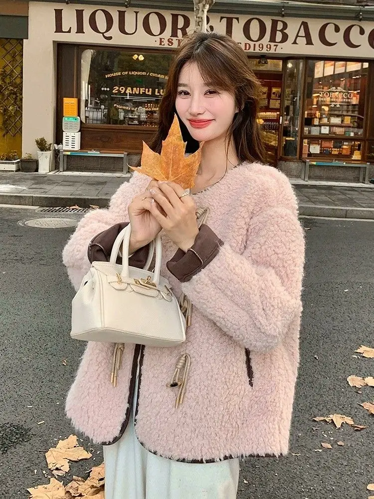 Korejpaa Розовое пальто с мехом ягненка Женская осенне-зимняя одежда Корейская мода