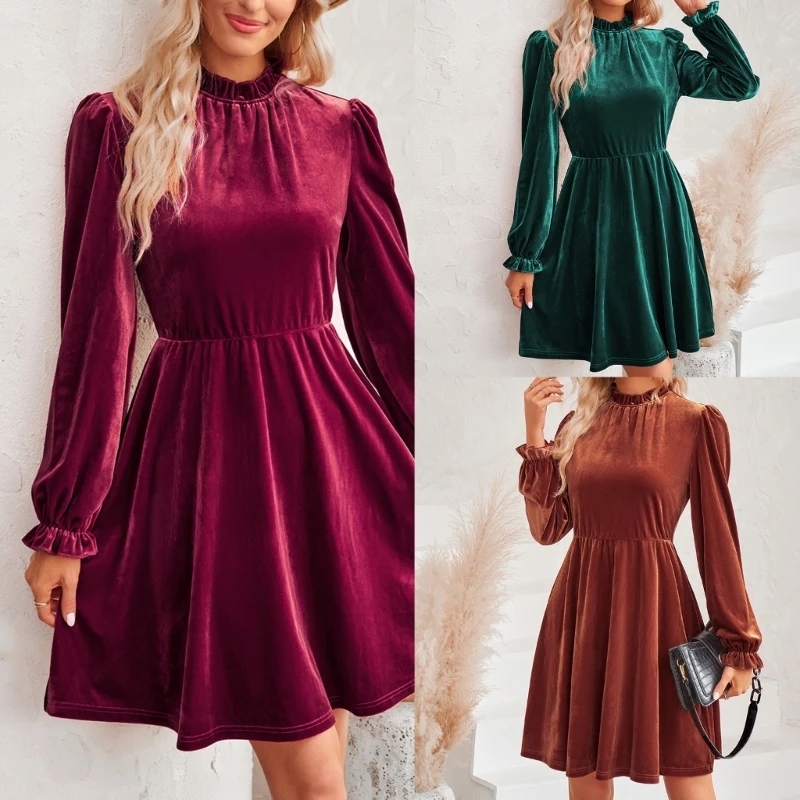 

Travel A-line Dress Woman Autumn Half-High Collar Skirt for Taking Photo