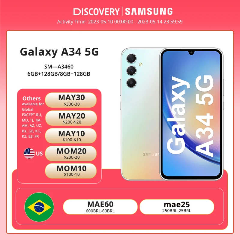 

New 2023 Samsung Galaxy A34 5G Smartphone Android 13 Octa-core 120Hz Super AMOLED 5000mAh 25W Fast Charge Mobile Phone