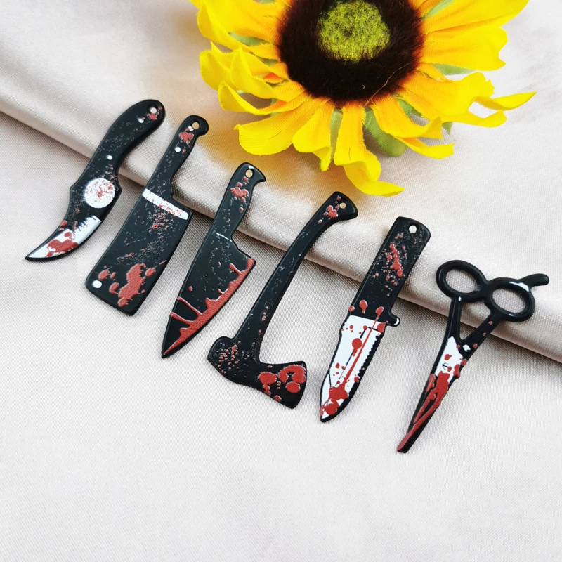 

10 Pcs Blood Knife Scissors Axe Charms Acrylic Halloween Weapon Shape Jewlery Findings for DIY Earring Keychain Jewelry Making