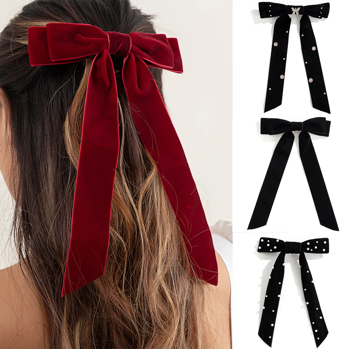 

1PC Black Velvet Bow Hairpin Women Large Ribbon Hairclip Bowknot Barrette Solid Hair Clip Hair Accessories Girl Bow Hairgrip