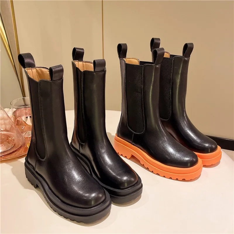 

Женские ботильоны на толстой подошве, роскошные брендовые Ботинки Челси из натуральной кожи на платформе с круглым носком, зимние ботинки ...