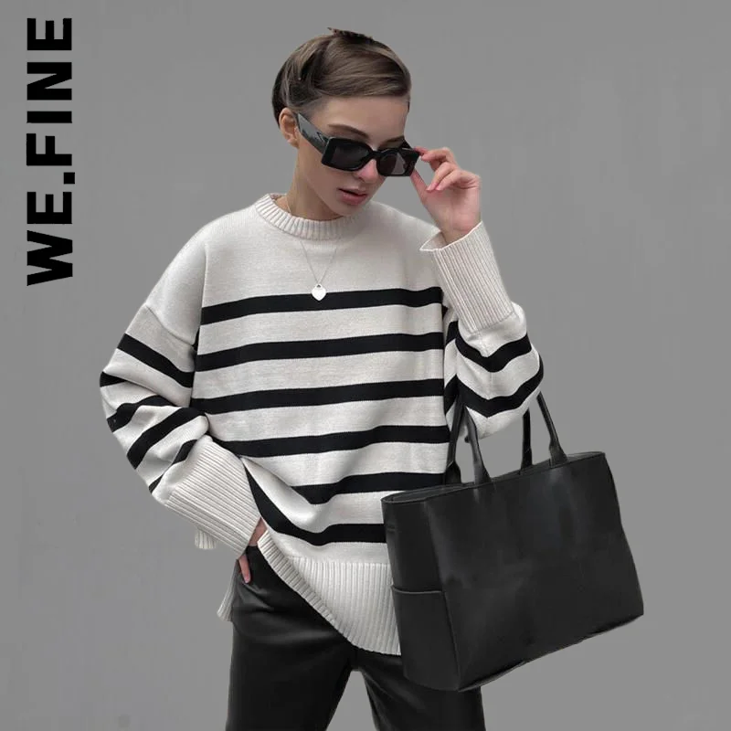 

Женский пуловер с круглым вырезом We.Fine, вязаный свободный свитер в полоску с длинным рукавом, Повседневная Уличная одежда, женский свитер