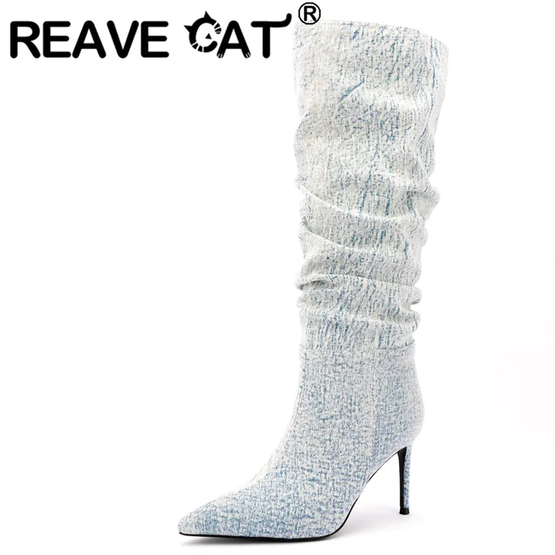 

REAVE CAT Women Knee High Boots Winter Fur Pointed Toe Thin Heels 9.5cm Pleated Denim Mixed Daily Shoes Big Size 34-46 S4145