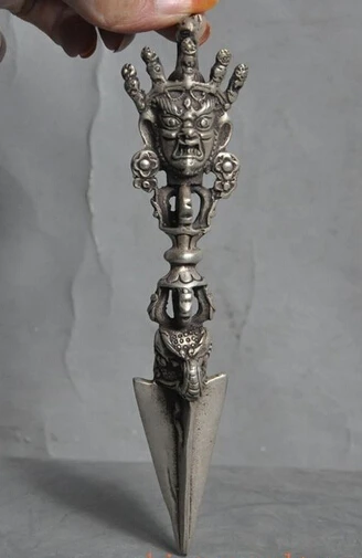 

decoration bronze factory outlets Tibet Silver 6"Old Tibet Buddhism Silver Mahakala Buddha Statue Phurpa Vajra Dorje Dagger