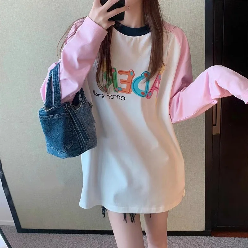 

Aders Contrast Raglan Long Sleeve Women's T-shirt Painted Letter Printing Loose Versatile Top Women Autumn Over Size Bottom Top