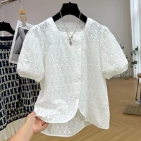 heavy embroidered retro square neck shirt womens summer design sense minor short sleeve shirt age reduction hollow gouch top