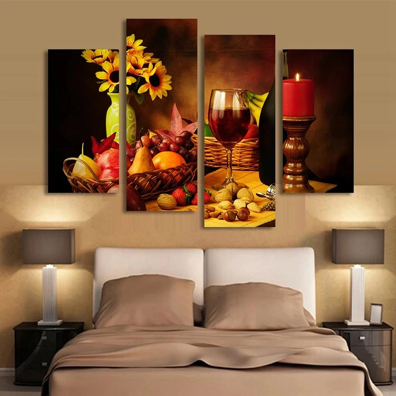 

4 Panels Red Wine Wonderful Fruit Nut Poster Print On Canvas Painting Wall Art Pictures For Living Room Restaurant Home Decor