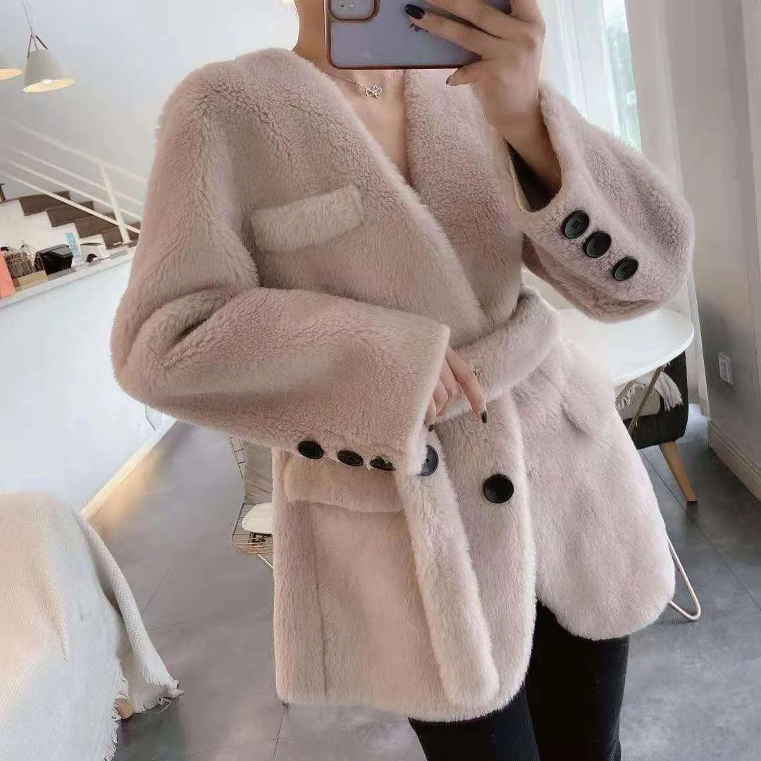 

brand genuine 2023 Winter Jacket Women Natural Weave Wool Real Fur Coat Blazer Belt Thick Warm Outerwear Streetwear Korea Luxury