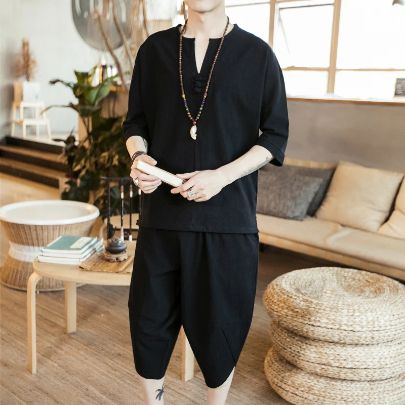 New men's thin linen suit summer Chinese loose large cotton and linen 2 pieces / suit short sleeve trousers 2 pieces set men