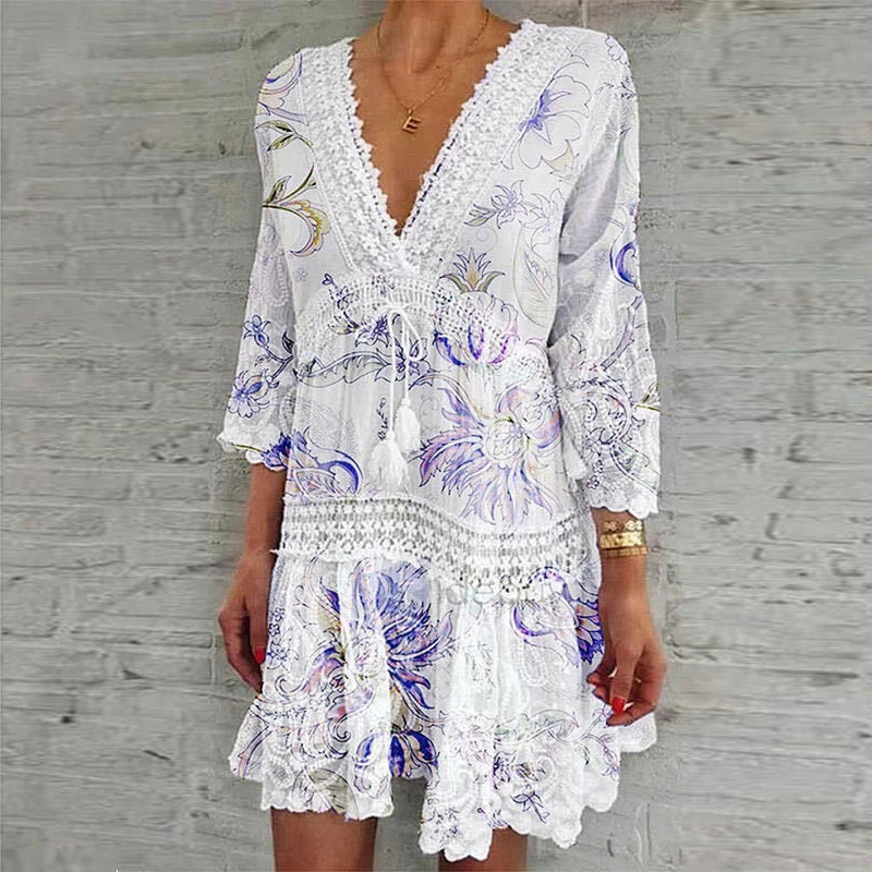 

2023 Woman Hollow Summer Beach Seven-Quarter Sleeve cottagecore bodycon Fashion Vintage Vacation Sundress Sexy V-Neck Dresses