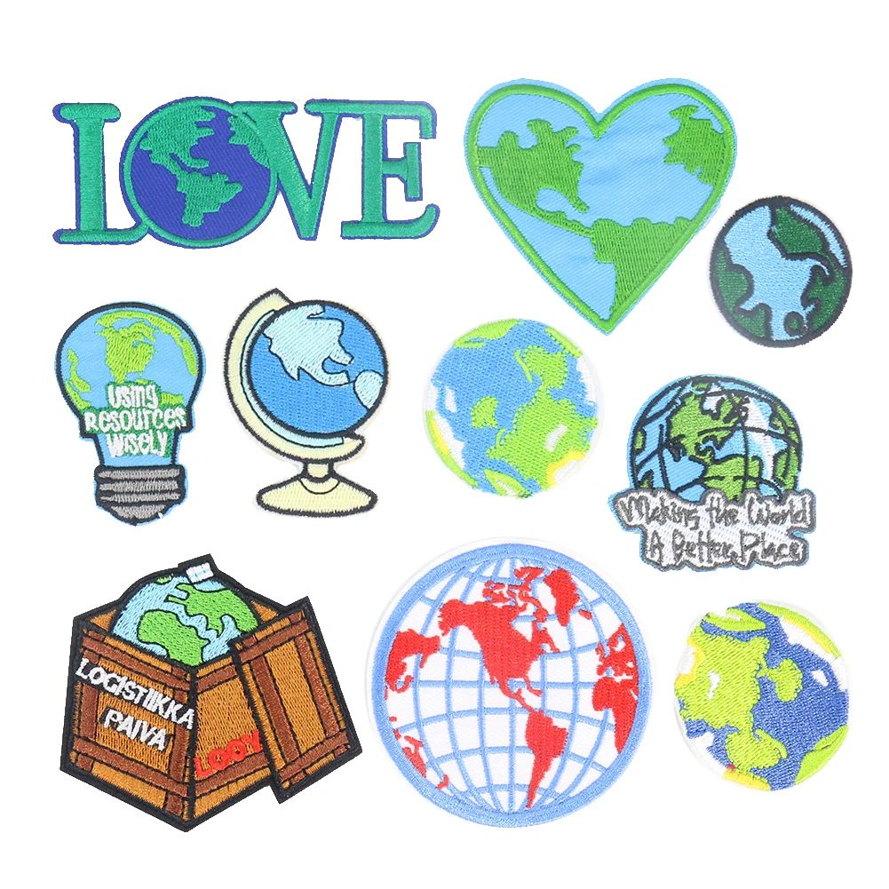 

2pcs Earth Embroidery Applique Iron on Sewing Patches Global Badges Ornaments Love Heart Clothes Sticker Repair Patchwork DIY