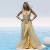 fashion light yellow evening dresses v neck mermaid backless tulle tired long formal prom party gowns robes de soir%c3%a9e plus zise
