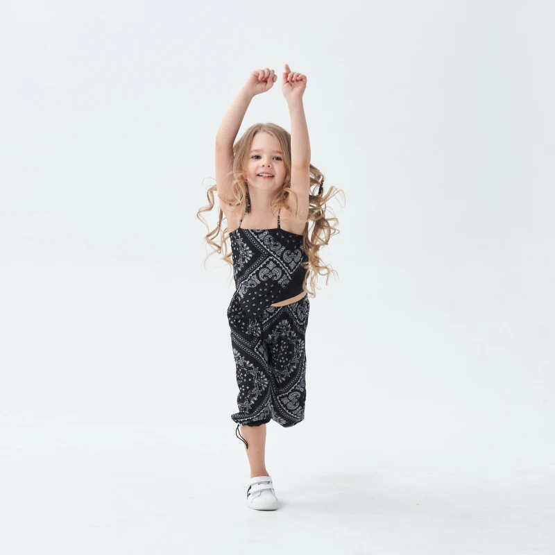 cool girls summer thin off shoulder print tops vest long harem pants toddler kids baby clothes sets 3pcs 2-11Y