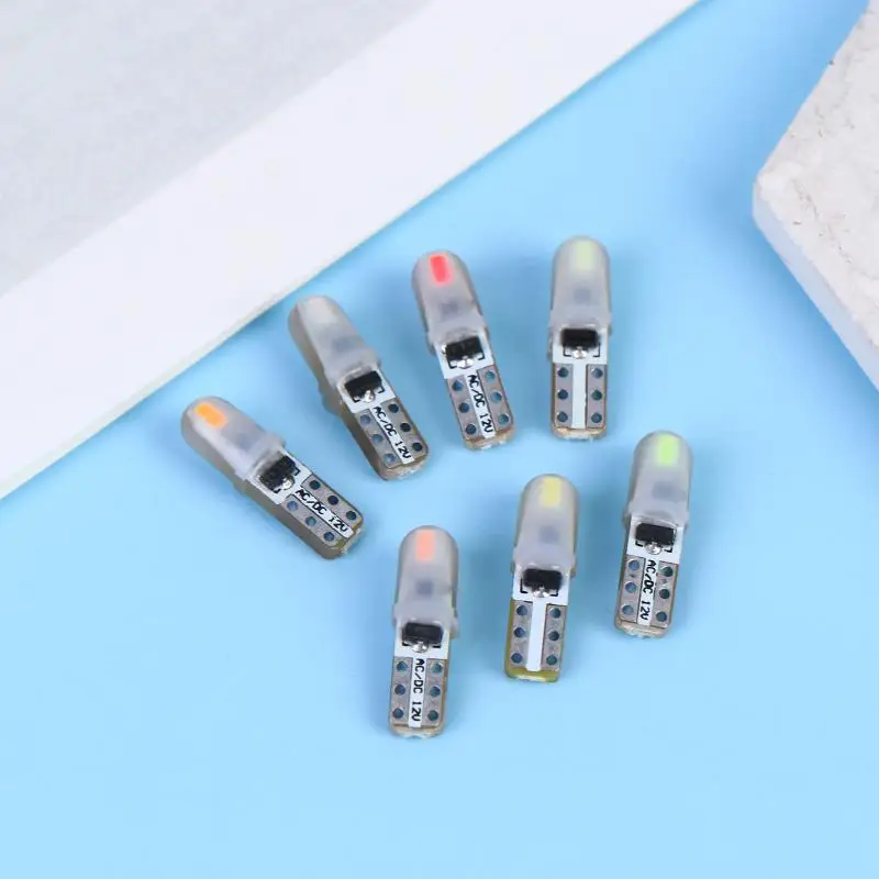 Фото 【MO】10 шт. светодиодных ламп T5 3014 2SMD, суперяркие, для салона автомобиля, приборной панели, силиконовые, боковые клиновидные лампы №1