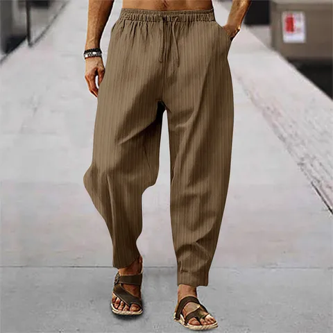 Весна-лето мужская одежда хип-хоп дышащие хлопковые конопляные полосы Свободные повседневные модные мужские брюки 2024 уличная одежда для мужчин
