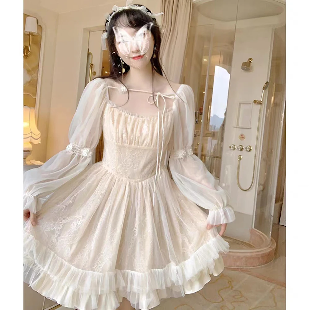 

Long Sleeve Lolita Dress Women Casual Vintage Mini Dress Female Japanese Fairy Aesthetic Style Dress