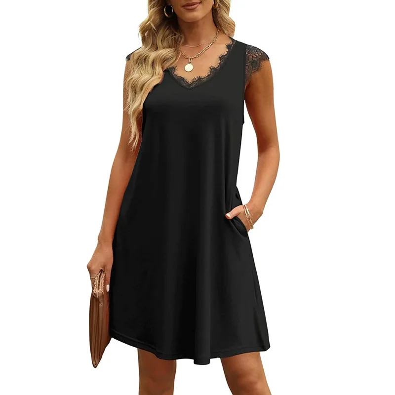 

2023 Summer New Maternity Lace V-neck Dress BLACK