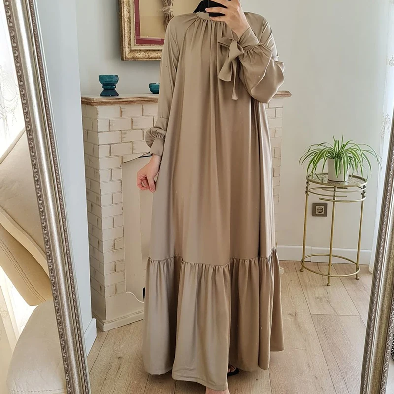 Женское сатиновое платье-кафтан однотонное длинное платье в арабском стиле |