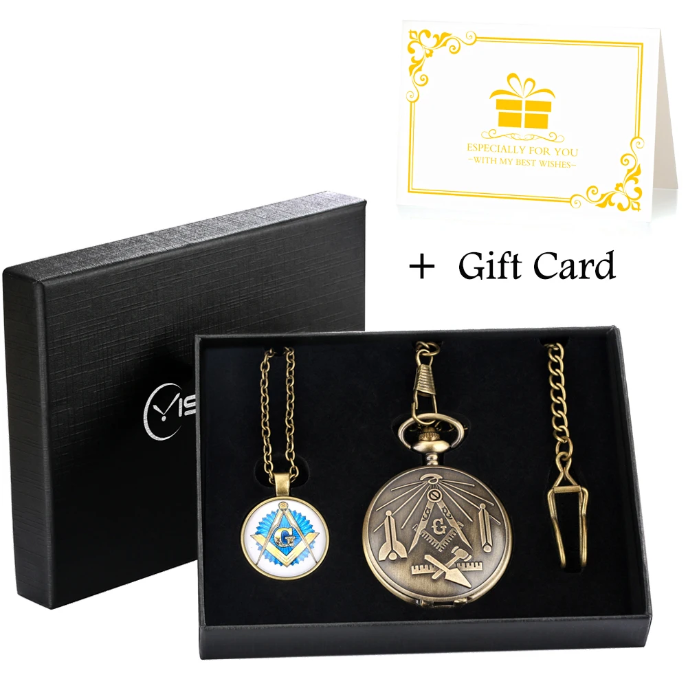 2022 Freemasonry Chrome Square and Compass Quartz Pocket Watches Masonic Themed Waist Chain Pendant Watch Gifts Sets Box for Men