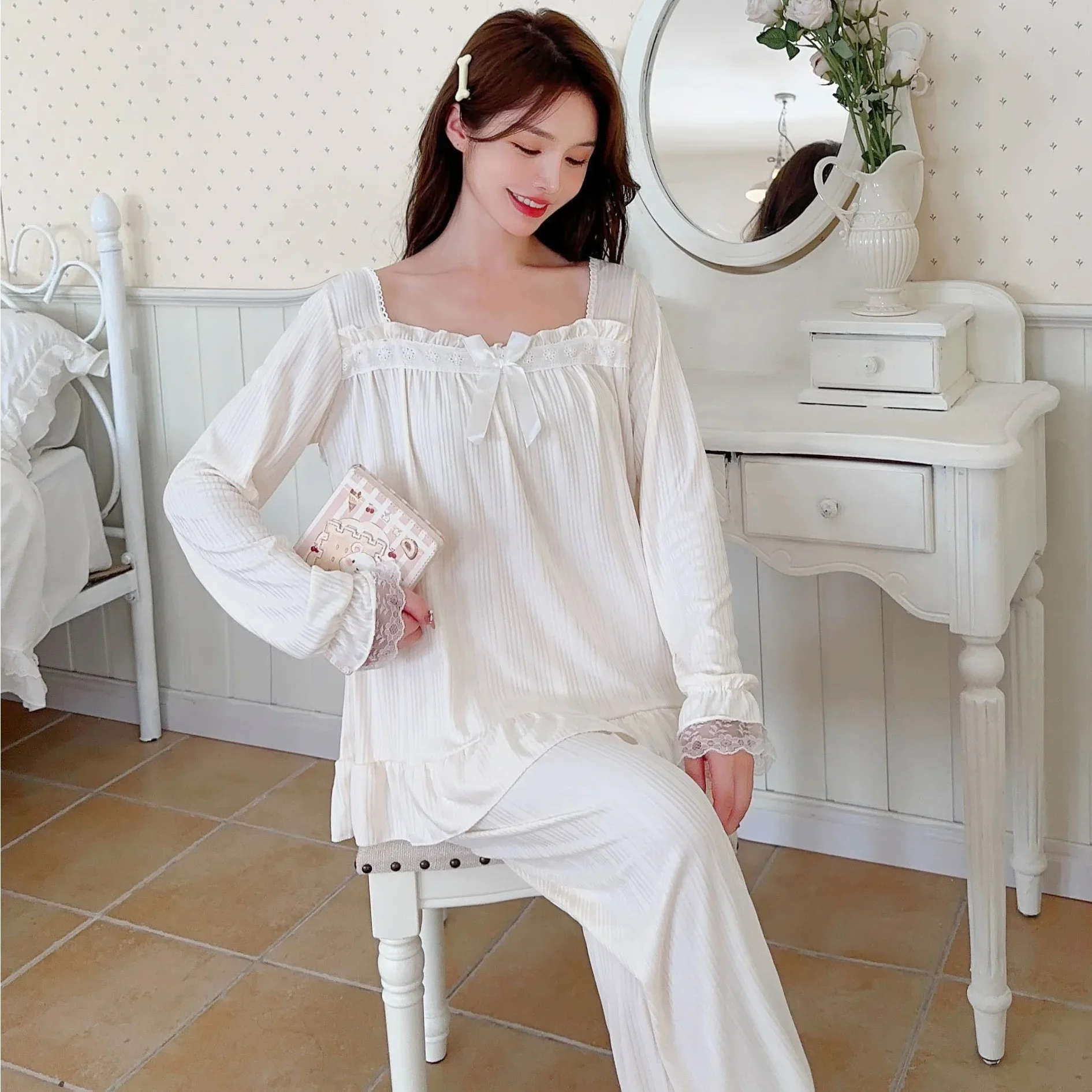 Весенне-осенняя женская ночная рубашка однотонные брюки в рубчик с длинными