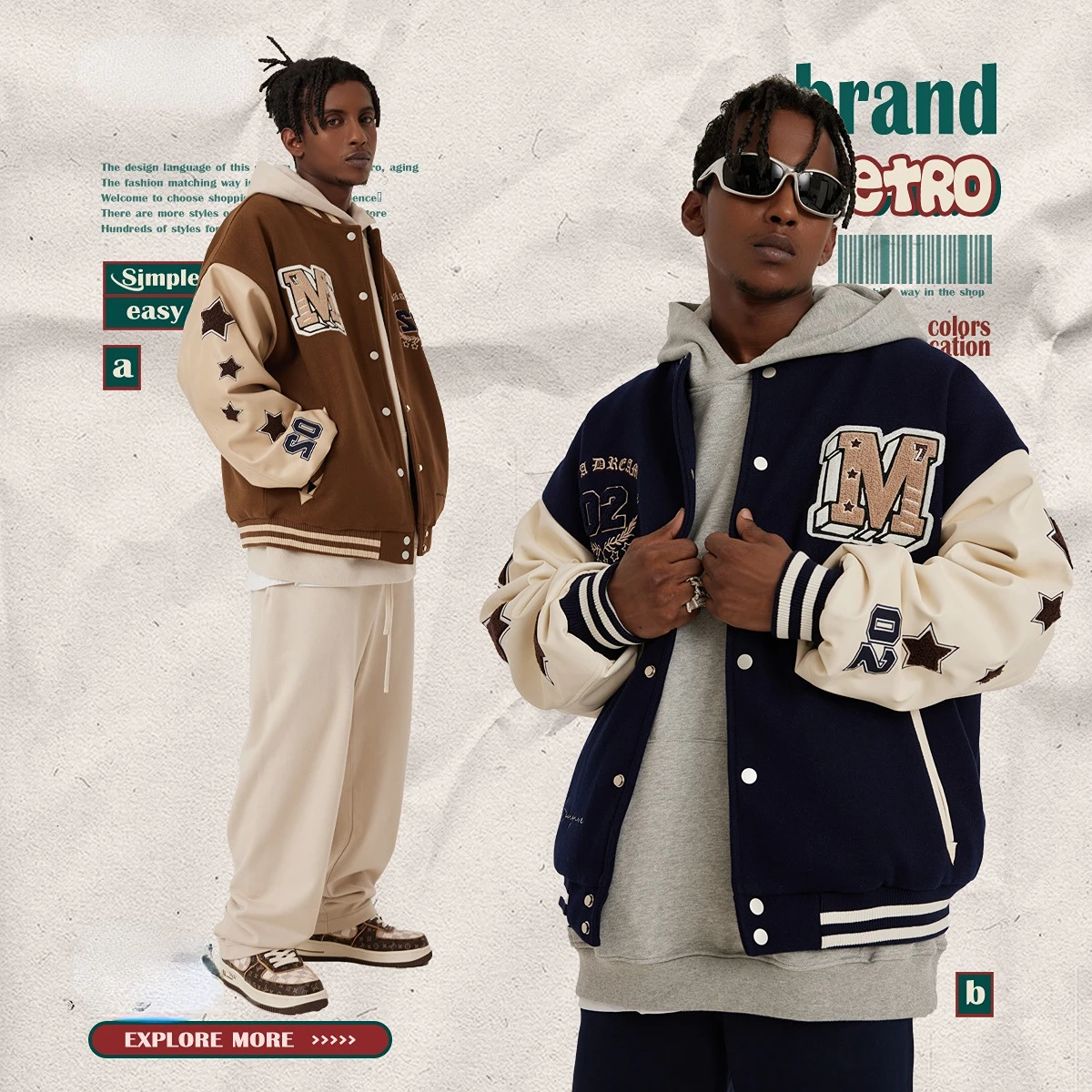 

2022 Autumn and Winter Star Embroidered Jacket Men's Towel Embroidered American Baseball Uniform Tide Brand Men and Women Jacket