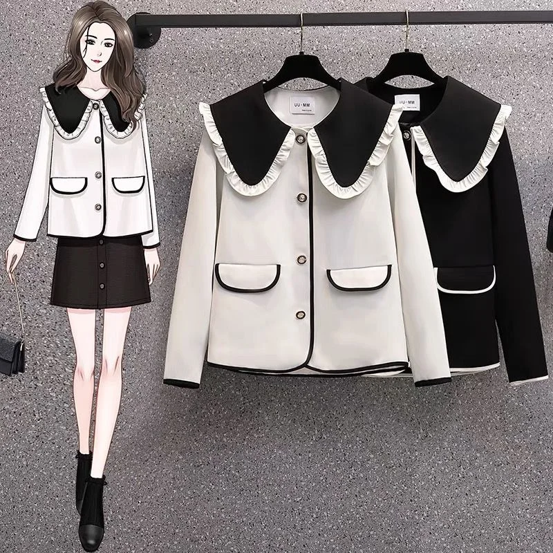 

Small Fragrance Women's Jacket Fashion Doll Collar Contrast Color Coat Top Spring Autumn Korean Loose Outerwear Woman