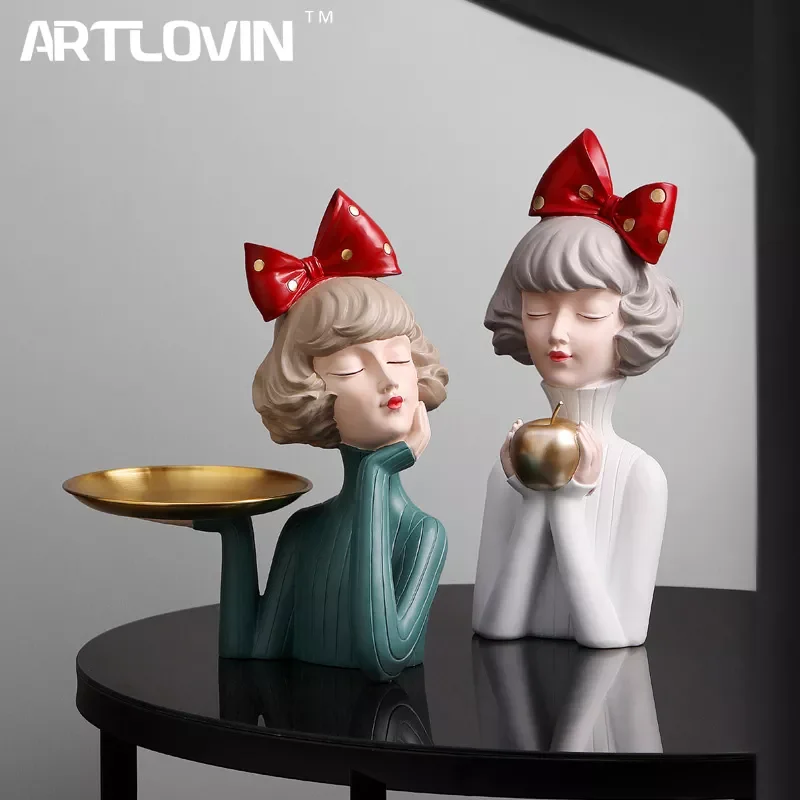 

Modern Luxury Bowknot Girl Resin Figurines Home Decoration People Bust Storage Plate Gilr Statue For Room Decor Wedding Gifts