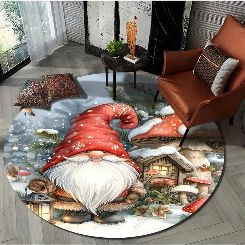 Gnome Christmas Print Round Carpet Suitable for Living Room Bedroom Flannel Non-slip Sofa Chair Creative Door Mat