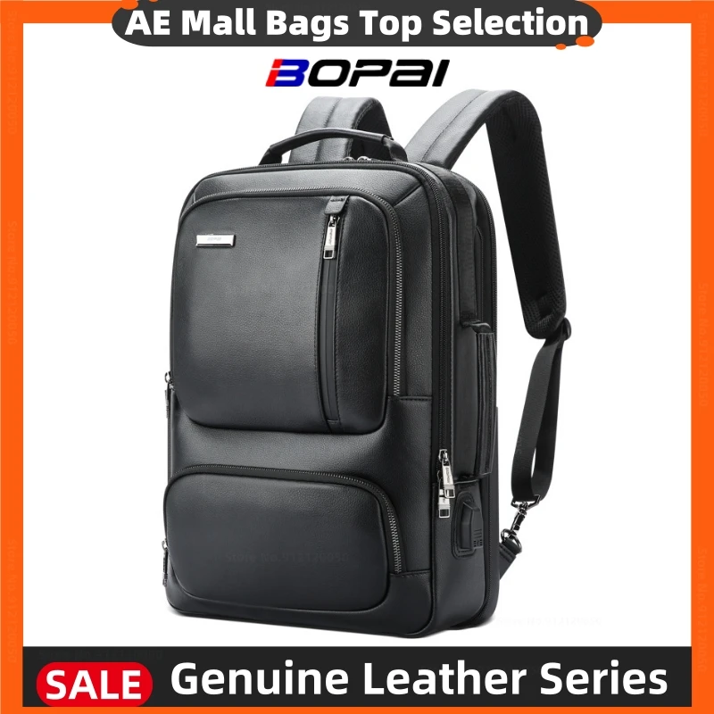 BOPAI новый роскошный рюкзак из натуральной кожи мужской дорожный черный верхний