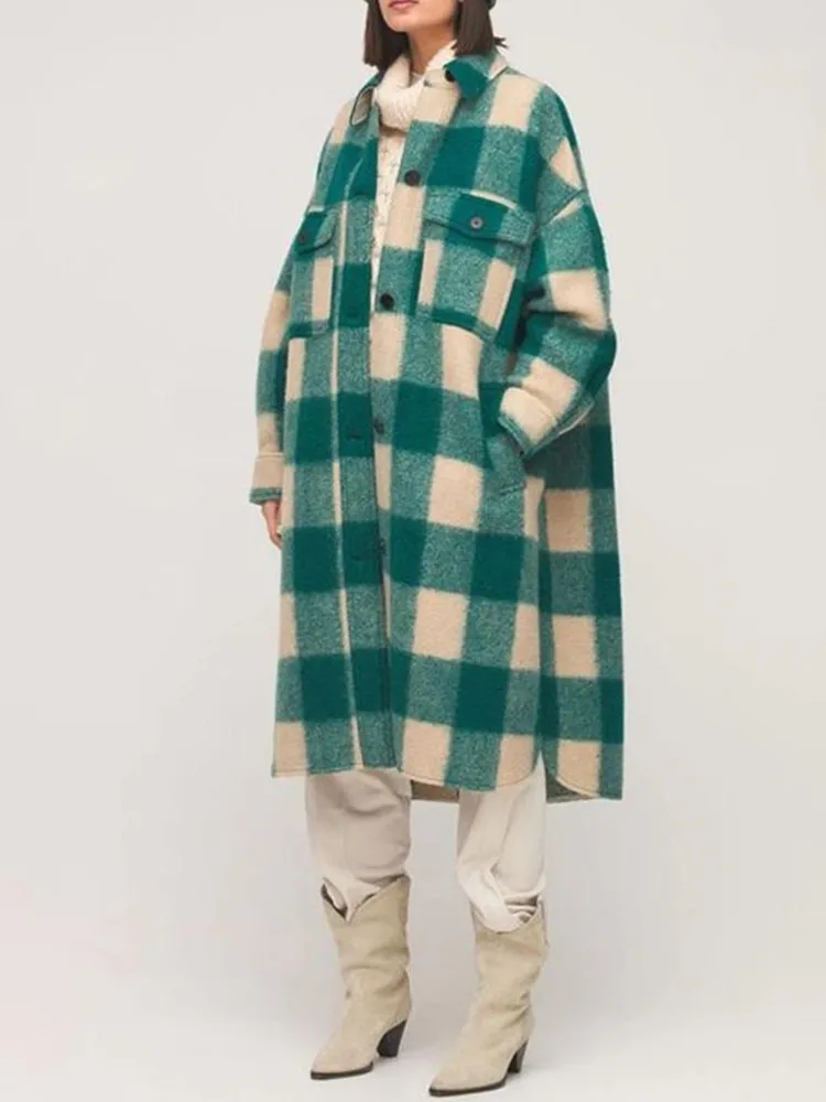 

Back Logo Women Woolen Mid-Length Coat 2021 Winter Single-Breasted Ladies Plaid Long Sleeve Outwear Tops with Double Pockets