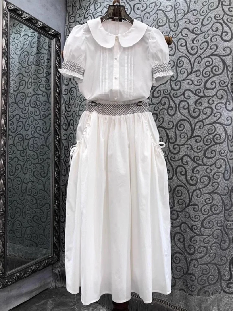 

100%Cotton Women's Set 2023 Summer 2 Piece Sets Ladies Beading Deco Short Sleeve White Shirts+Pocket Deco Long White Skirts Suit